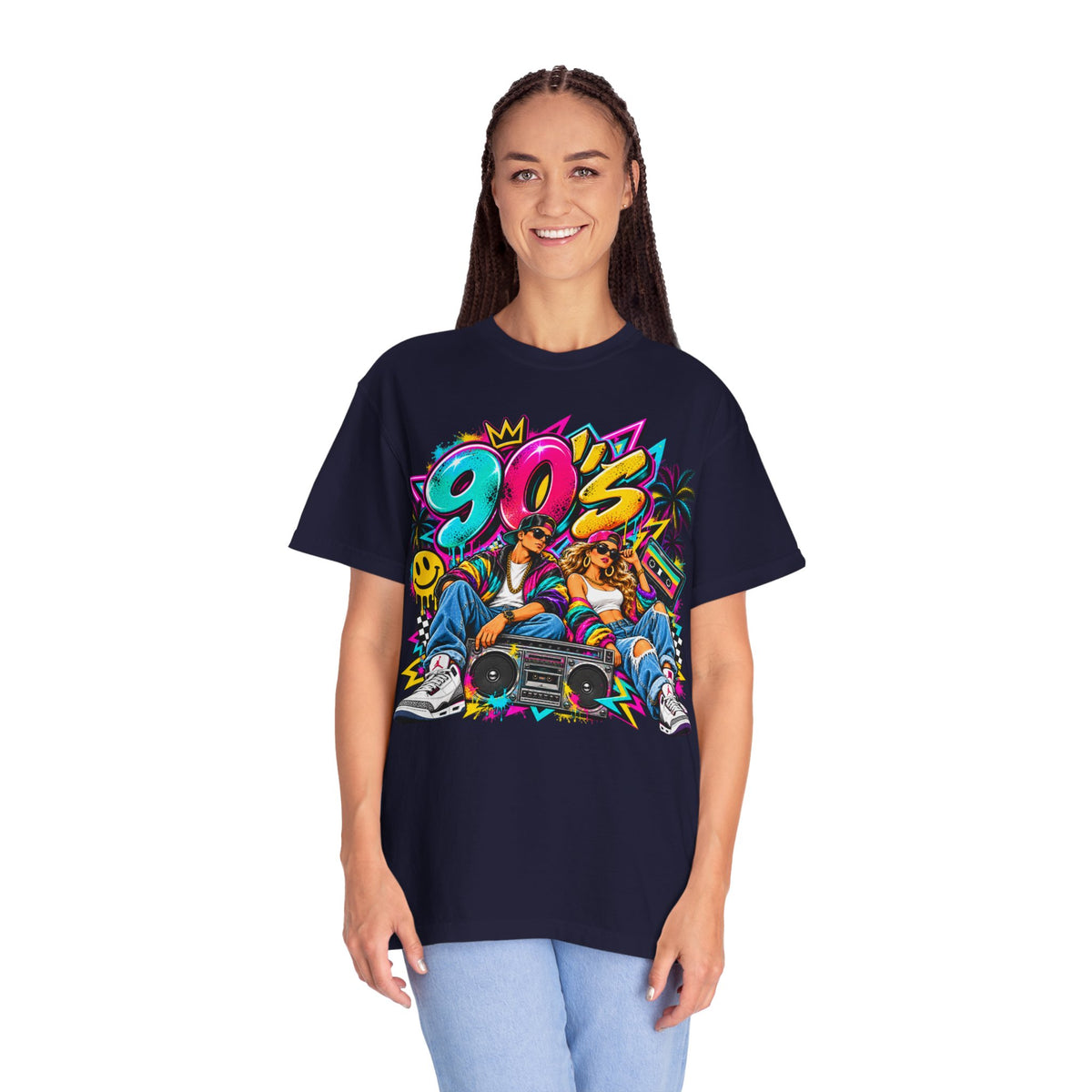 90s Retro Streetwear T-Shirt — Vintage Boombox & Neon Graffiti Design
