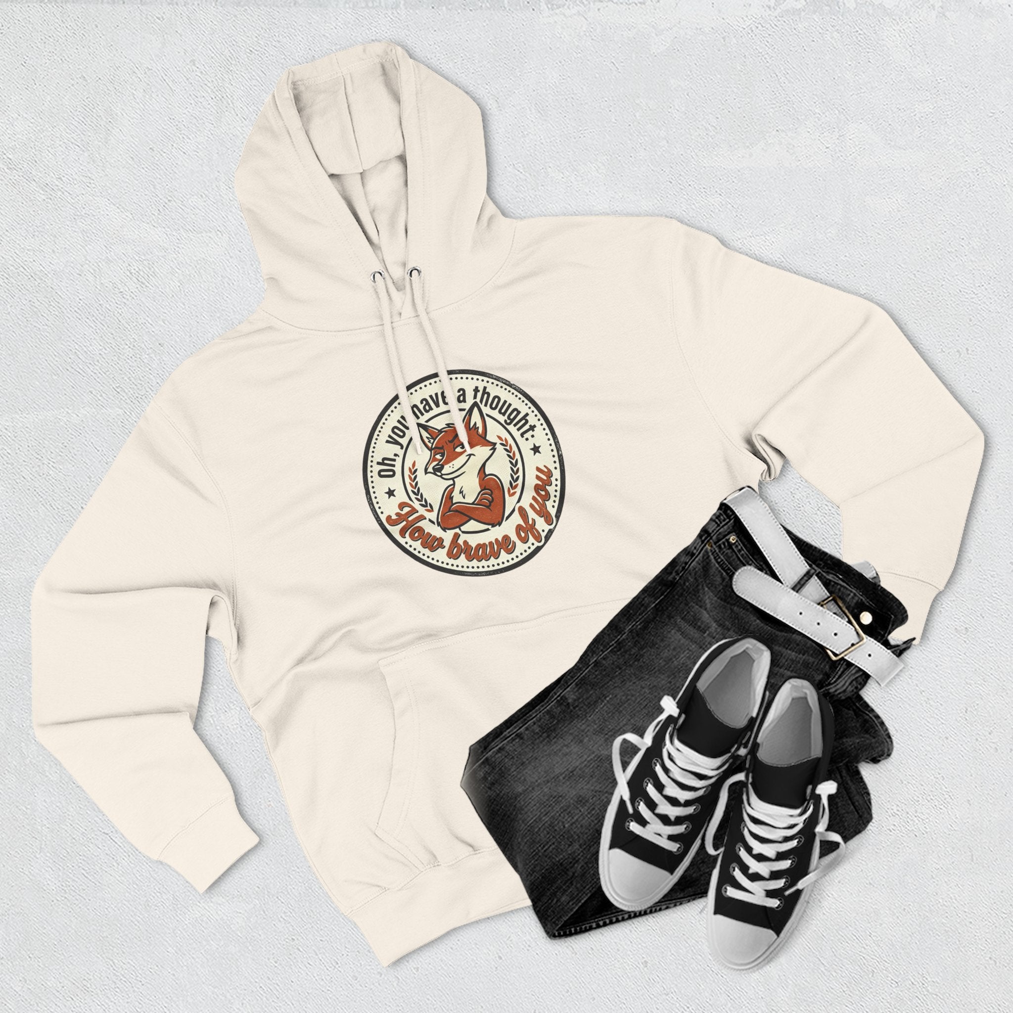 Fox Badge Hoodie — "Be Brave & Kind" Retro Emblem Fleece Hoodie