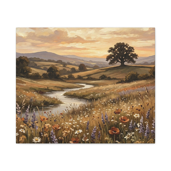 Golden Meadow River Canvas Wall Art — Stretched Matte Print