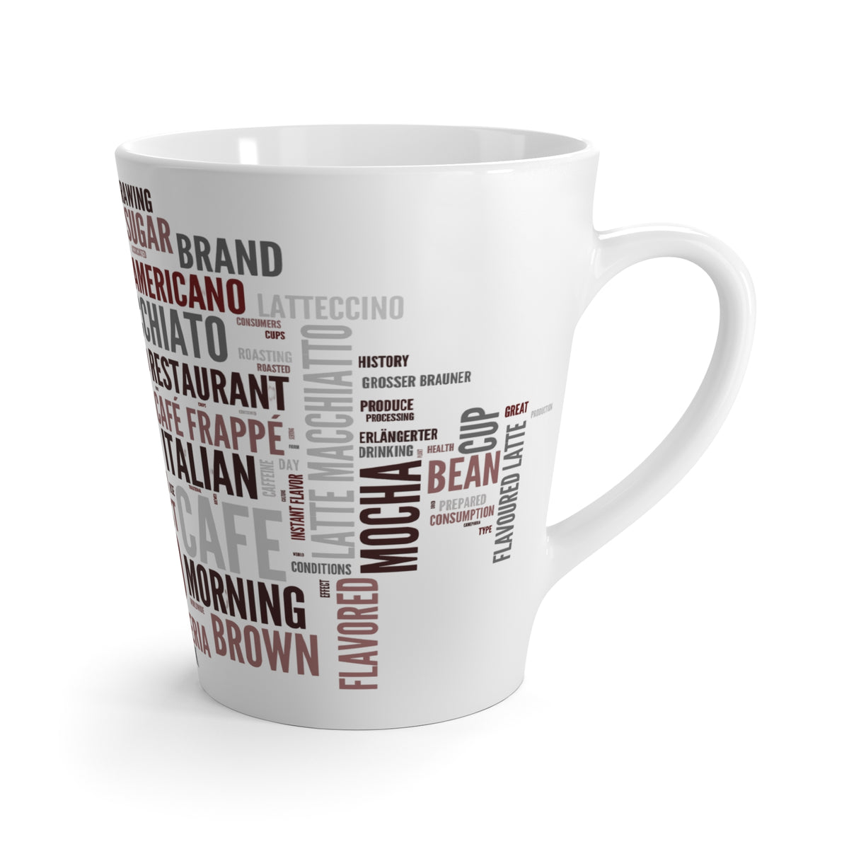 Coffee Word Cloud Latte Mug – Espresso, Cappuccino & Macchiato Design
