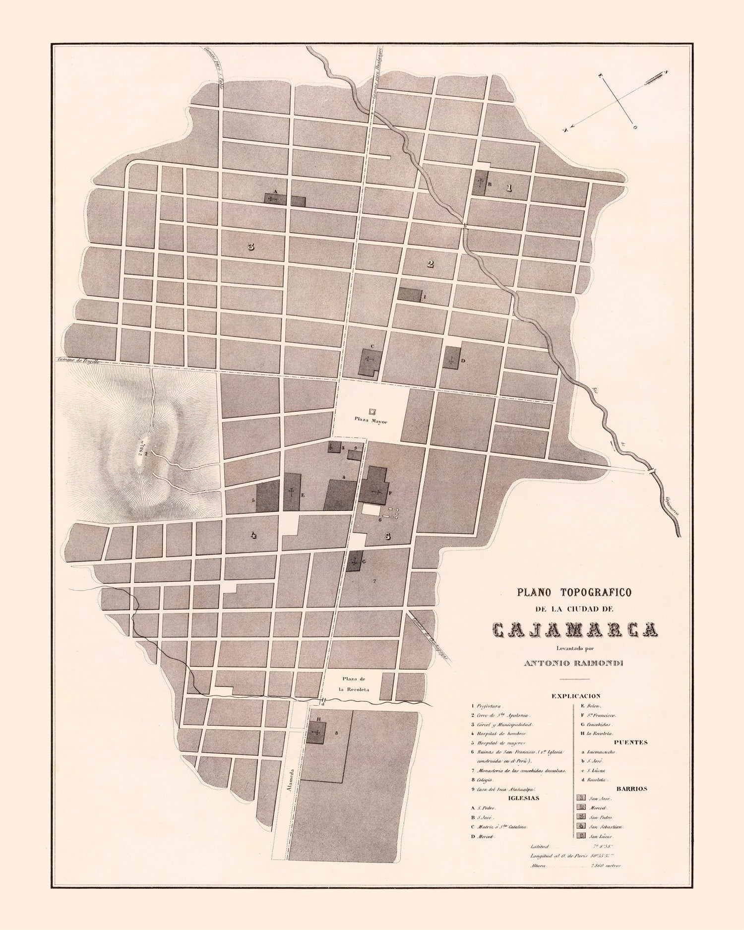 Vintage Map of Cajamarca, Peru 1865