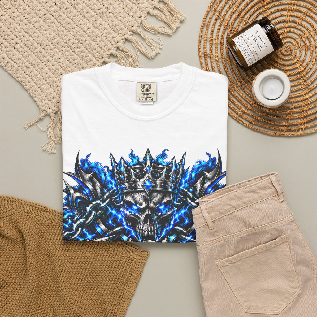 Skull Throne Graphic T-Shirt — Blue Lightning Heavy Metal Tee