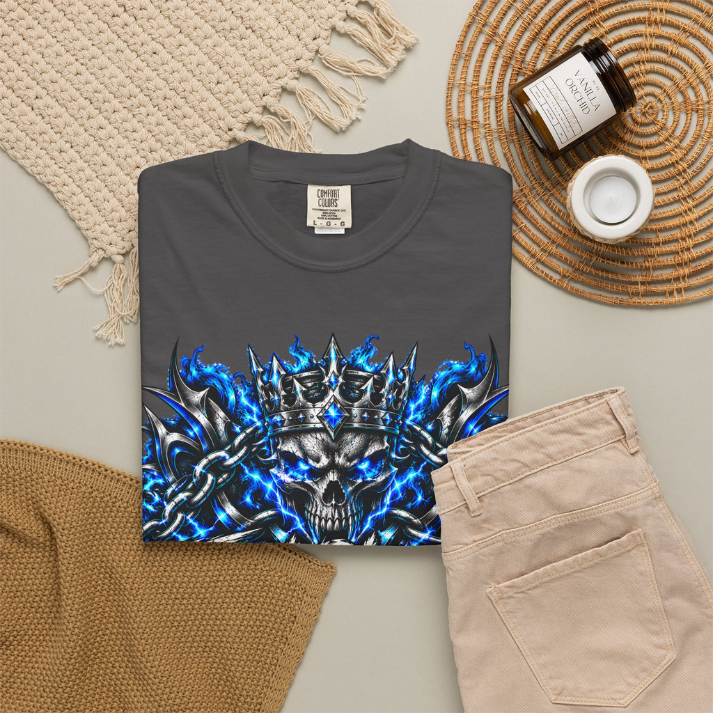 Skull Throne Graphic T-Shirt — Blue Lightning Heavy Metal Tee