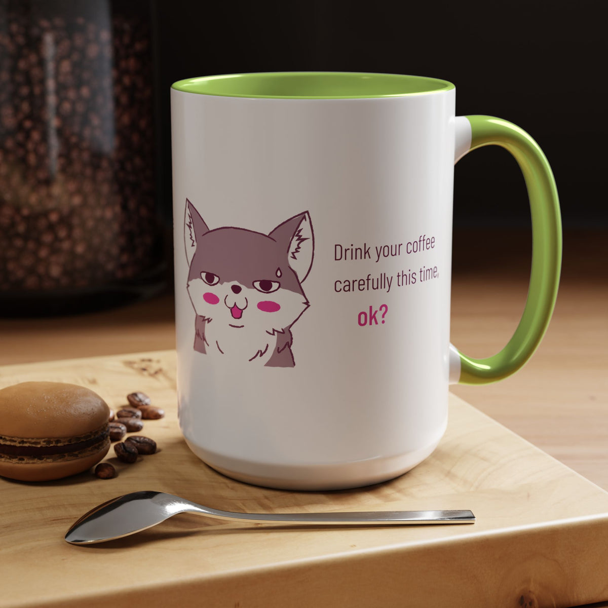 Accent Coffee Mug — Cute Shy Fox Design "Drink your coffee carefully this time, ok?"