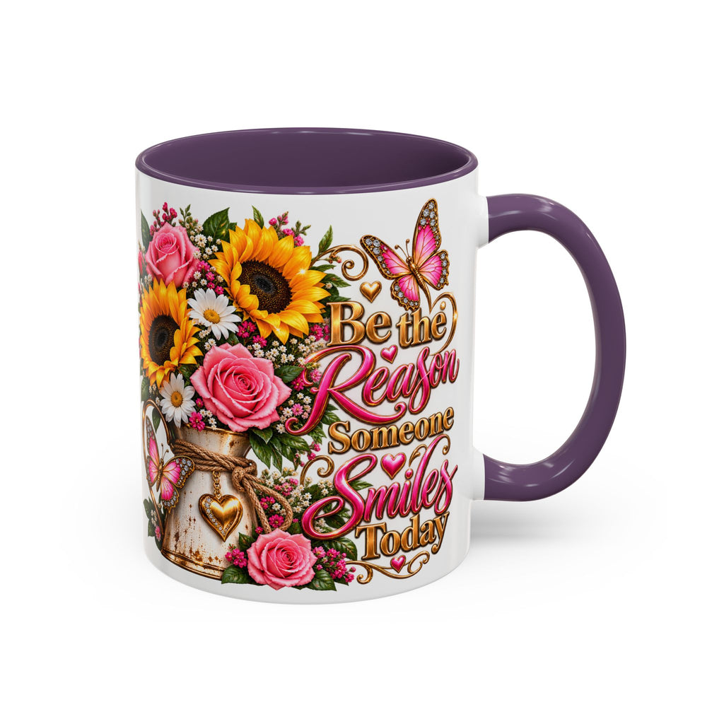 Be the Reason Someone Smiles Today Accent Coffee Mug – Floral Sunflower & Rose Inspirational 11/15oz