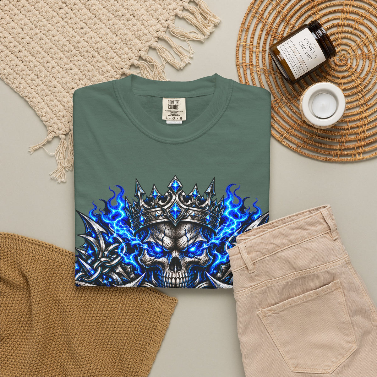 Wrath Skull Crown T‑Shirt — Blue Flame Gothic Graphic Tee