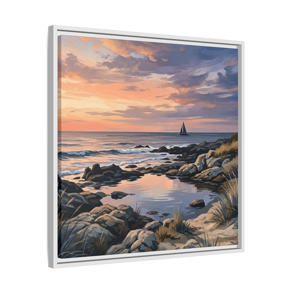 Framed Seaside Sunset Matte Canvas Print – Sailboat Coastal Wall Art
