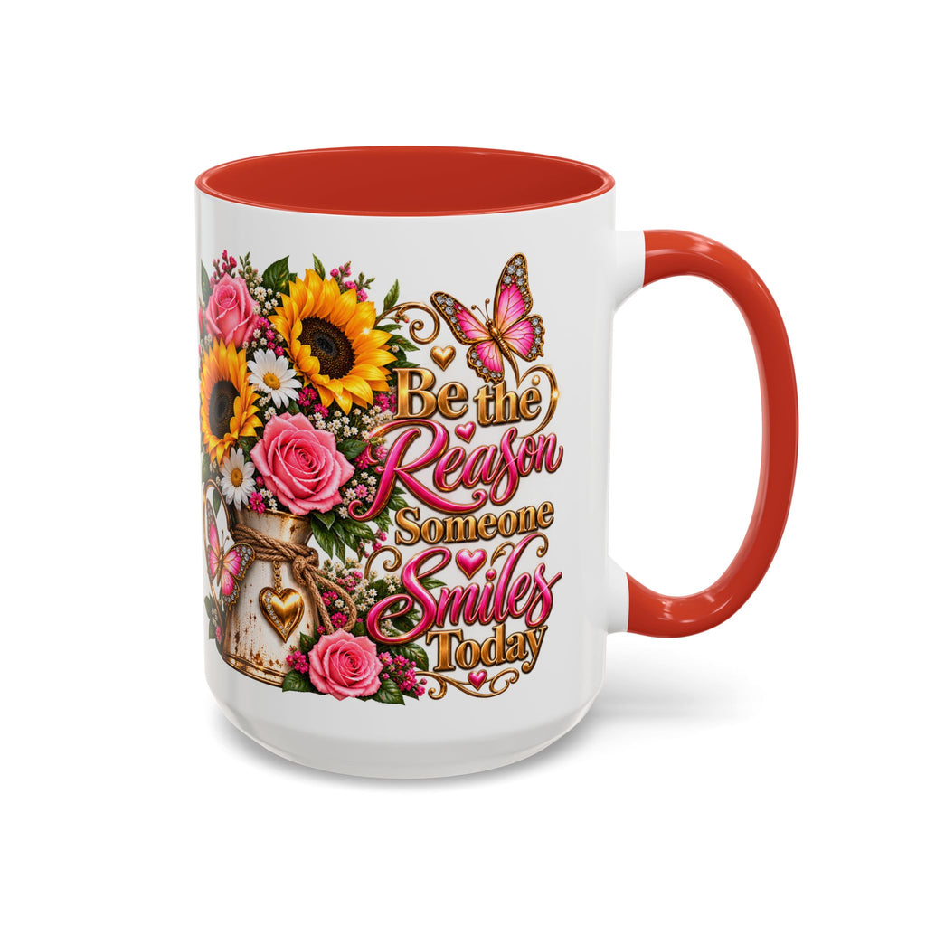 Be the Reason Someone Smiles Today Accent Coffee Mug – Floral Sunflower & Rose Inspirational 11/15oz