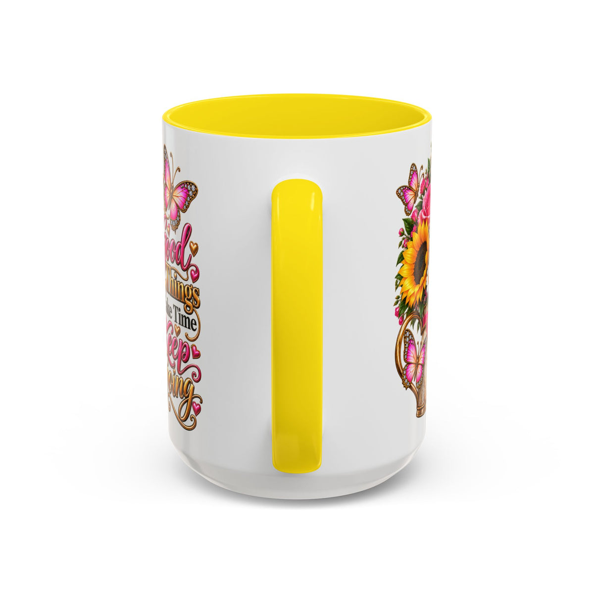 Inspiring Floral Coffee Mug — "Good Things Take Time, Keep Going"