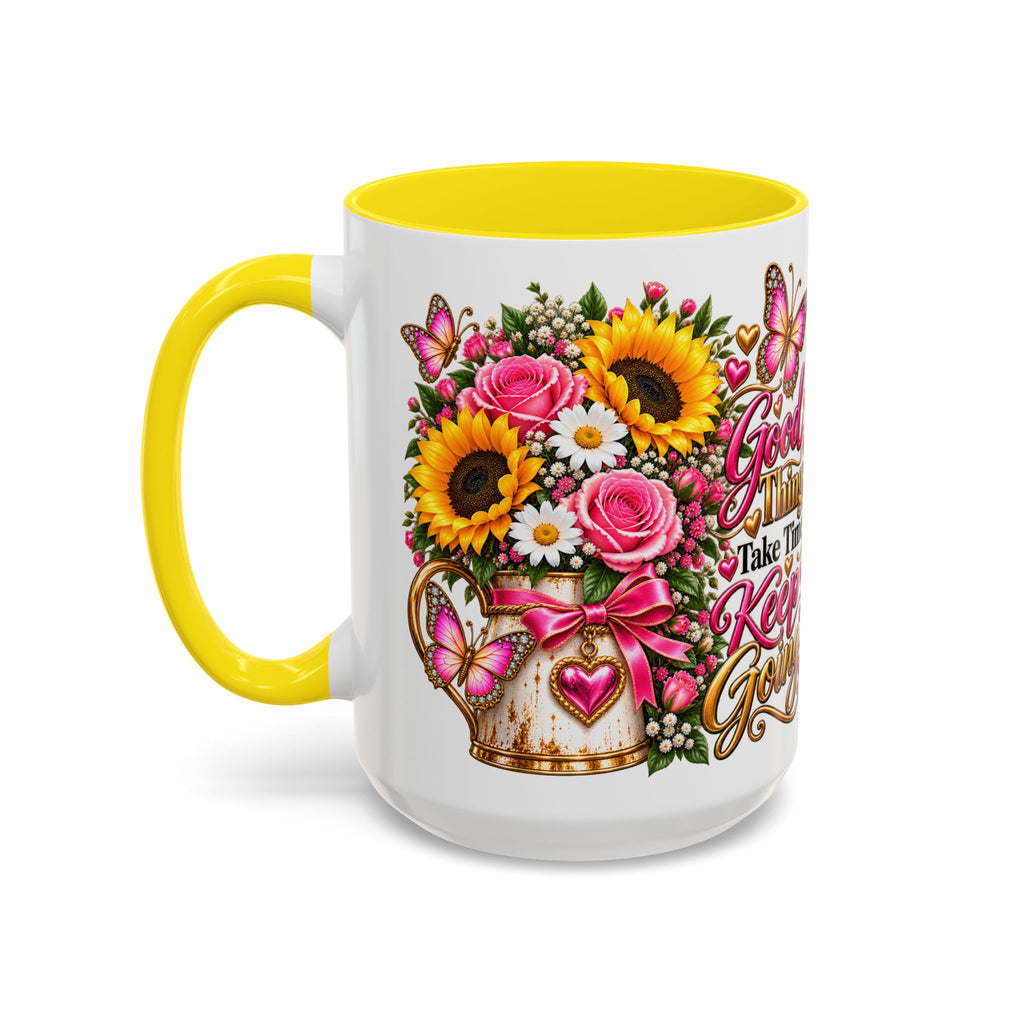 Inspiring Floral Coffee Mug — "Good Things Take Time, Keep Going"