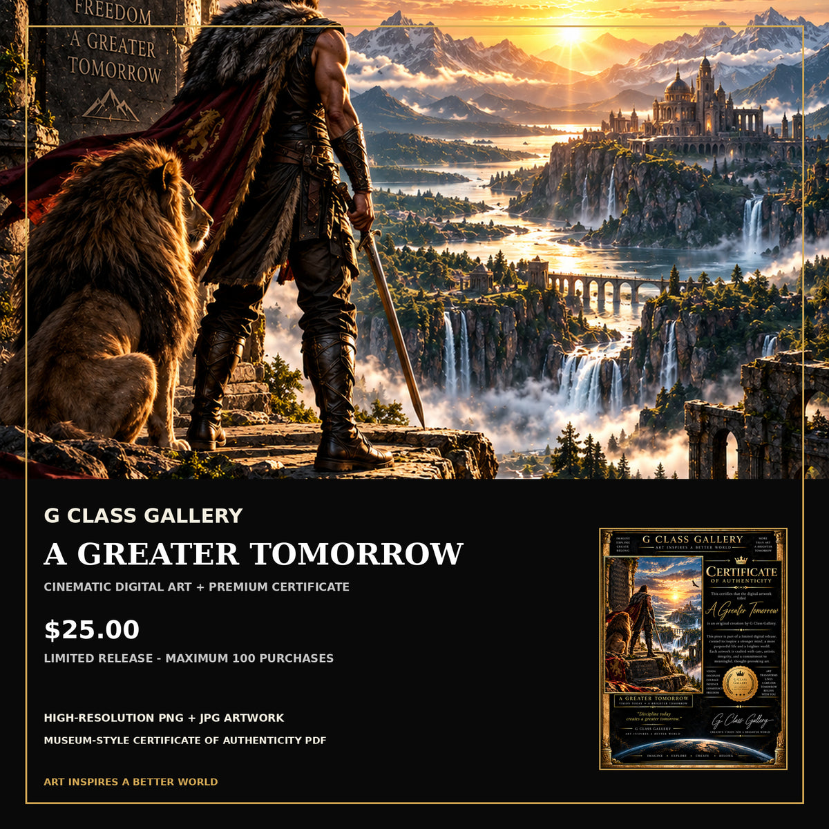 A Greater Tomorrow | Epic Warrior & Lion Digital Art + Museum Certificate | G Class Gallery
