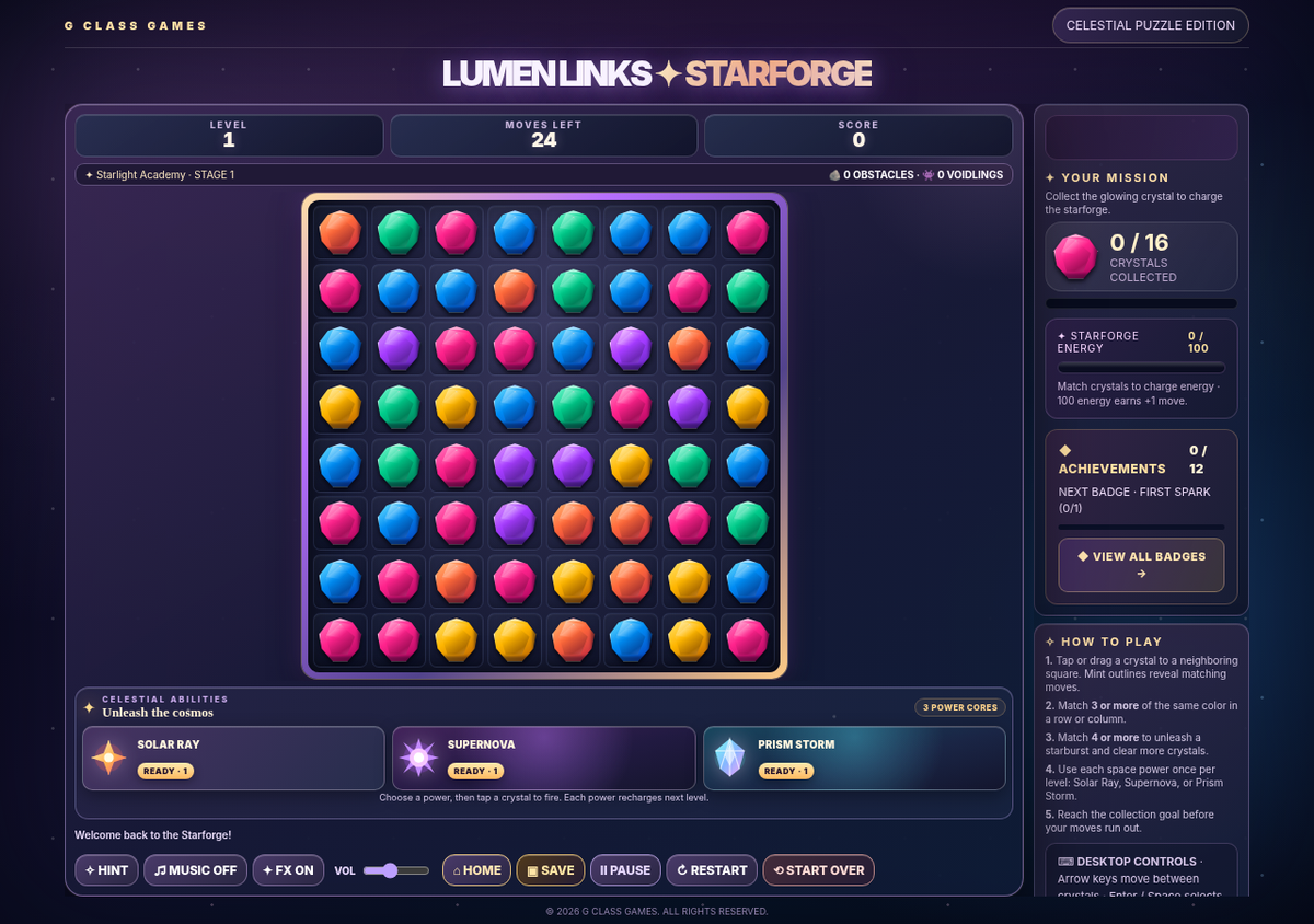 LUMEN LINKS: STARFORGE | 120-Level Cosmic Match-3 Adventure — G CLASS GAMES