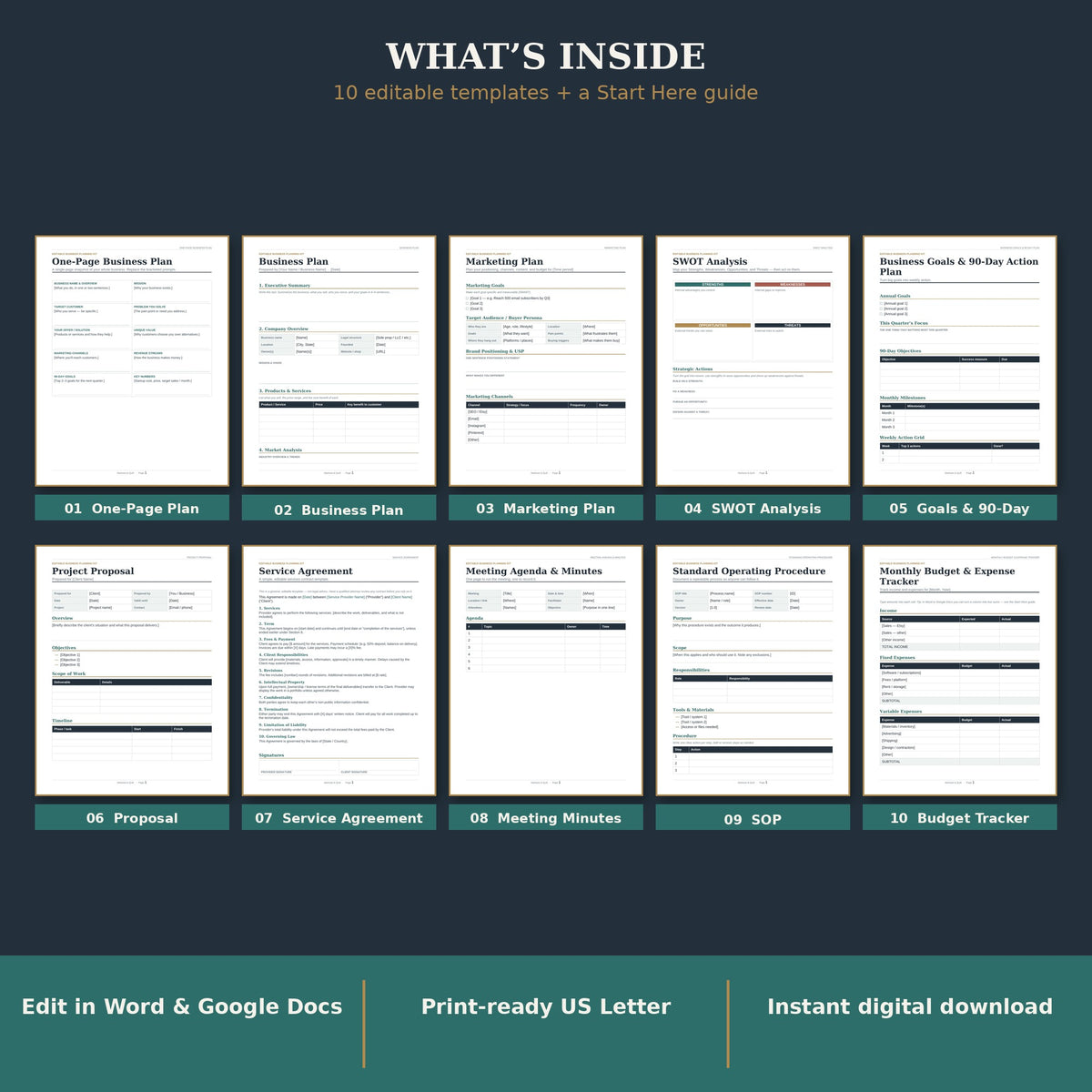 Editable Business Plan Template Kit | Small Business Planner, Marketing, SWOT, Proposal & Budget | Word and Google Docs (Printable)