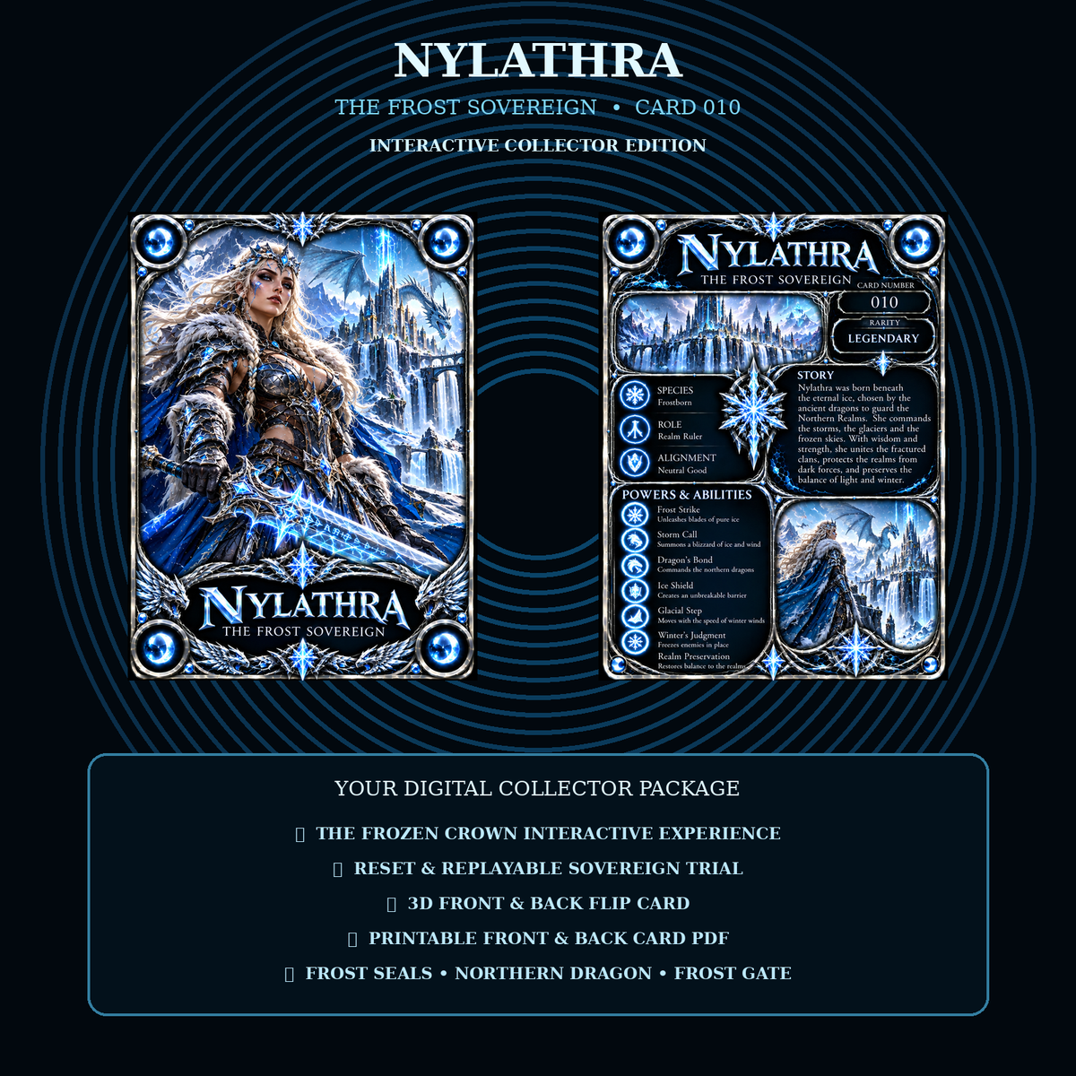 Nylathra 010 – The Frost Sovereign | Premium Interactive Fantasy Collector Card