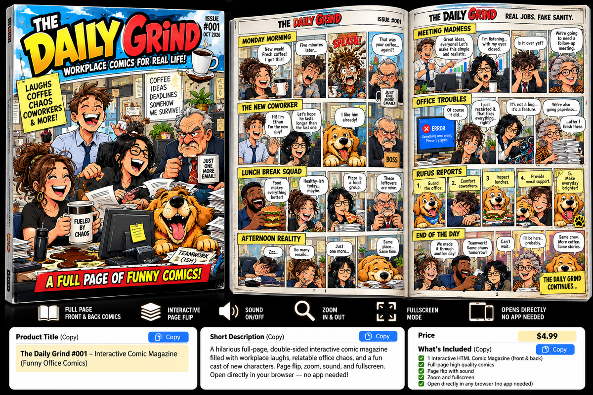 The Daily Grind #001 – Interactive Comic Magazine | Funny Workplace Comics | Digital Download