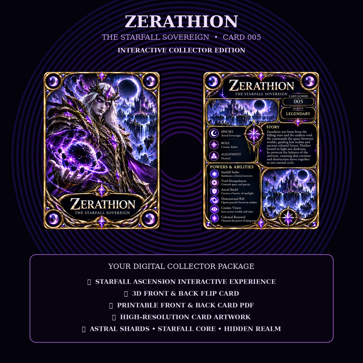 Zerathion 005 – The Starfall Sovereign | Premium Interactive Fantasy Collector Card