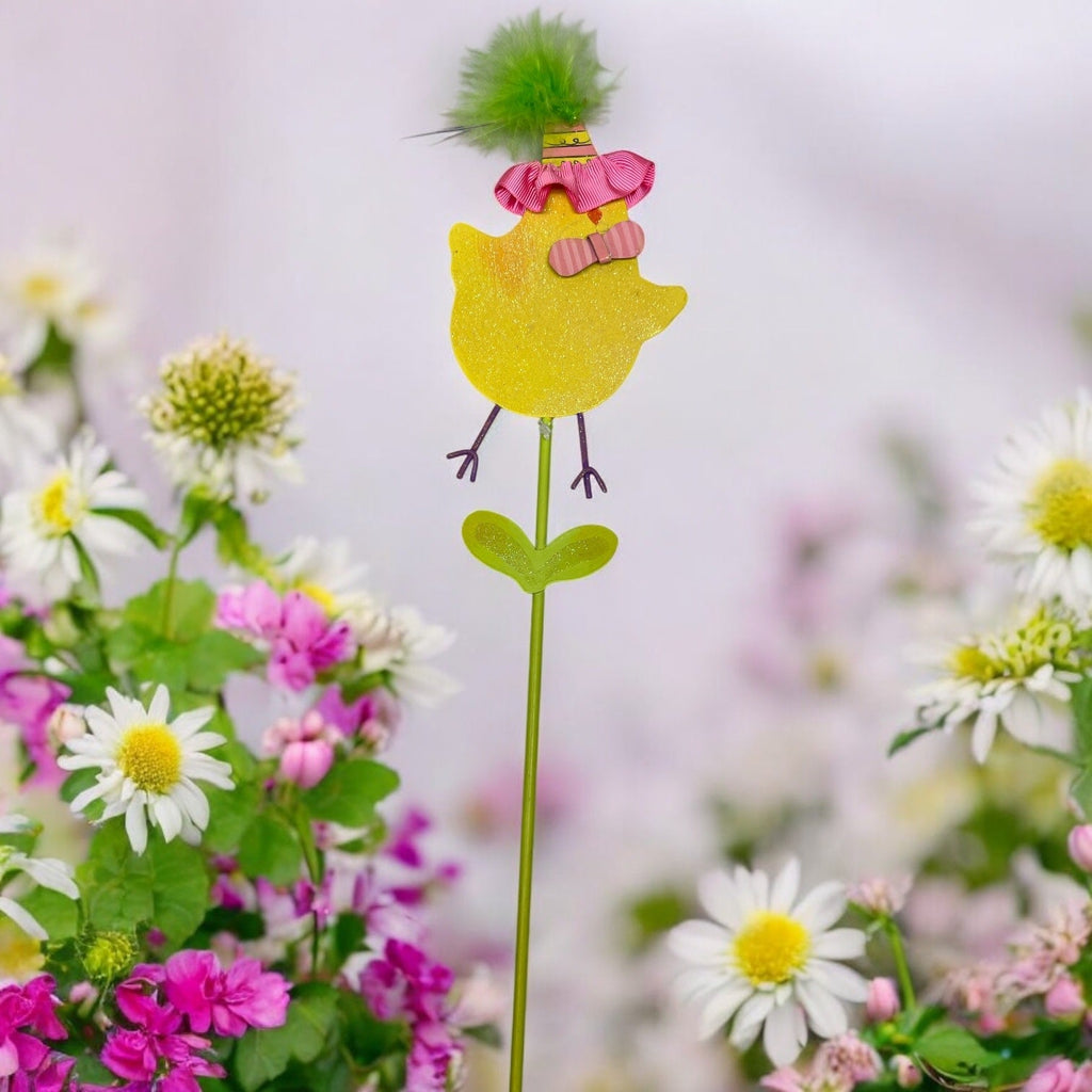 15 Inch Metal & Wood Spring Stake - Yellow Chick