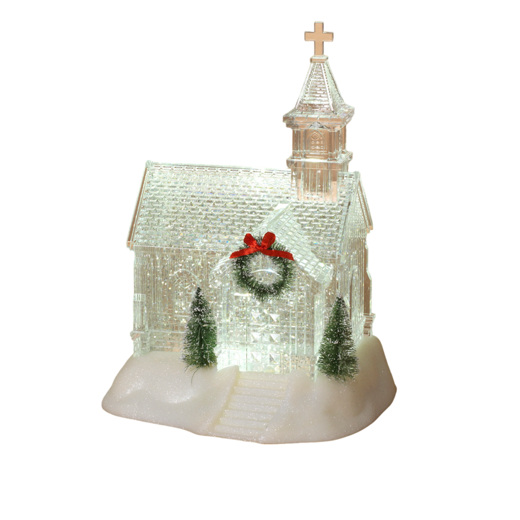 Lighted Church Waterglobe with Spinning Water