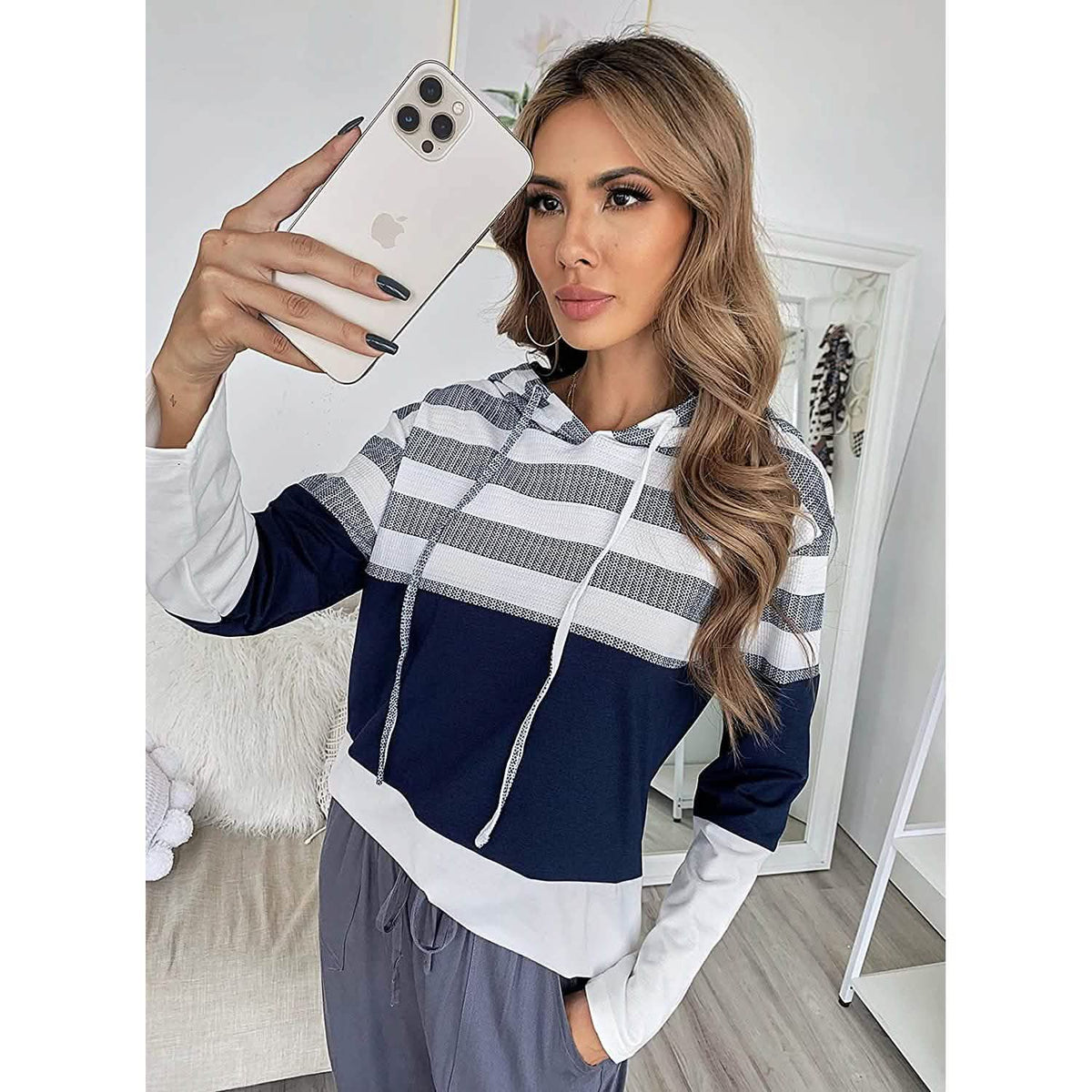 Actloe Women Long Sleeve Striped Color Block Casual Hoodies