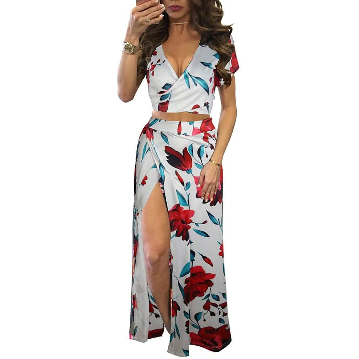 Aro Lora Women's Sexy V Neck Floral Printed Side Slit Two-Piece Maxi Dress