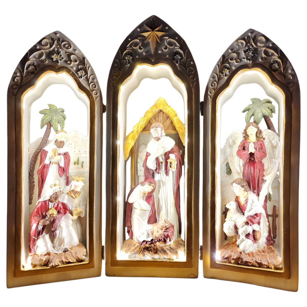 Lighted Holy Family Triptych with Pearlized Finish And Scrolls
