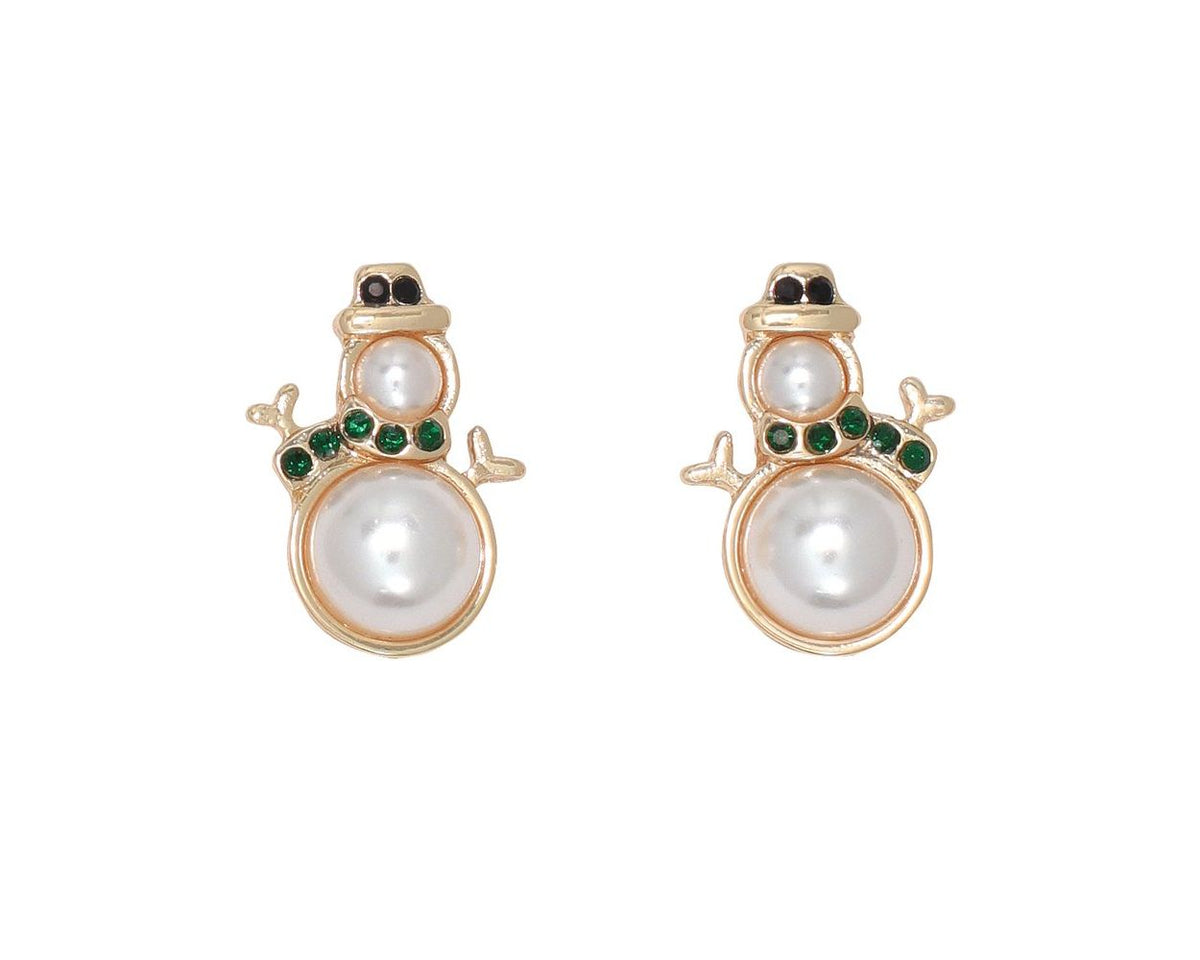Dainty Pearl Snowmen with Crystals Earrings