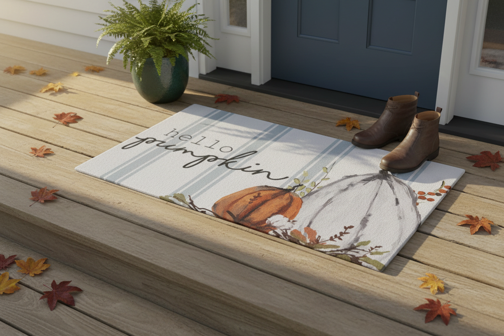 Blue Ticking Stripe "Hello Pumpkin" Mat