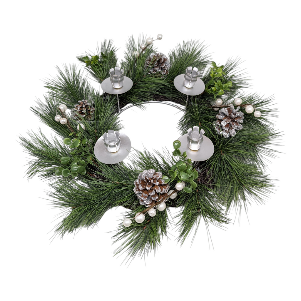 14 Inch Silver Advent Wreath With Pine