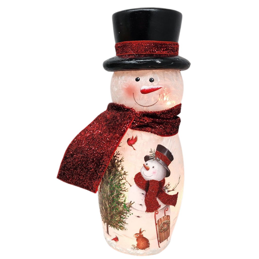 Lighted Glass Vase - Delightful Snowman  -9 Inches tall