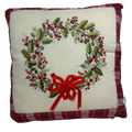 Holiday Wreath Pillow With Plaid Trim