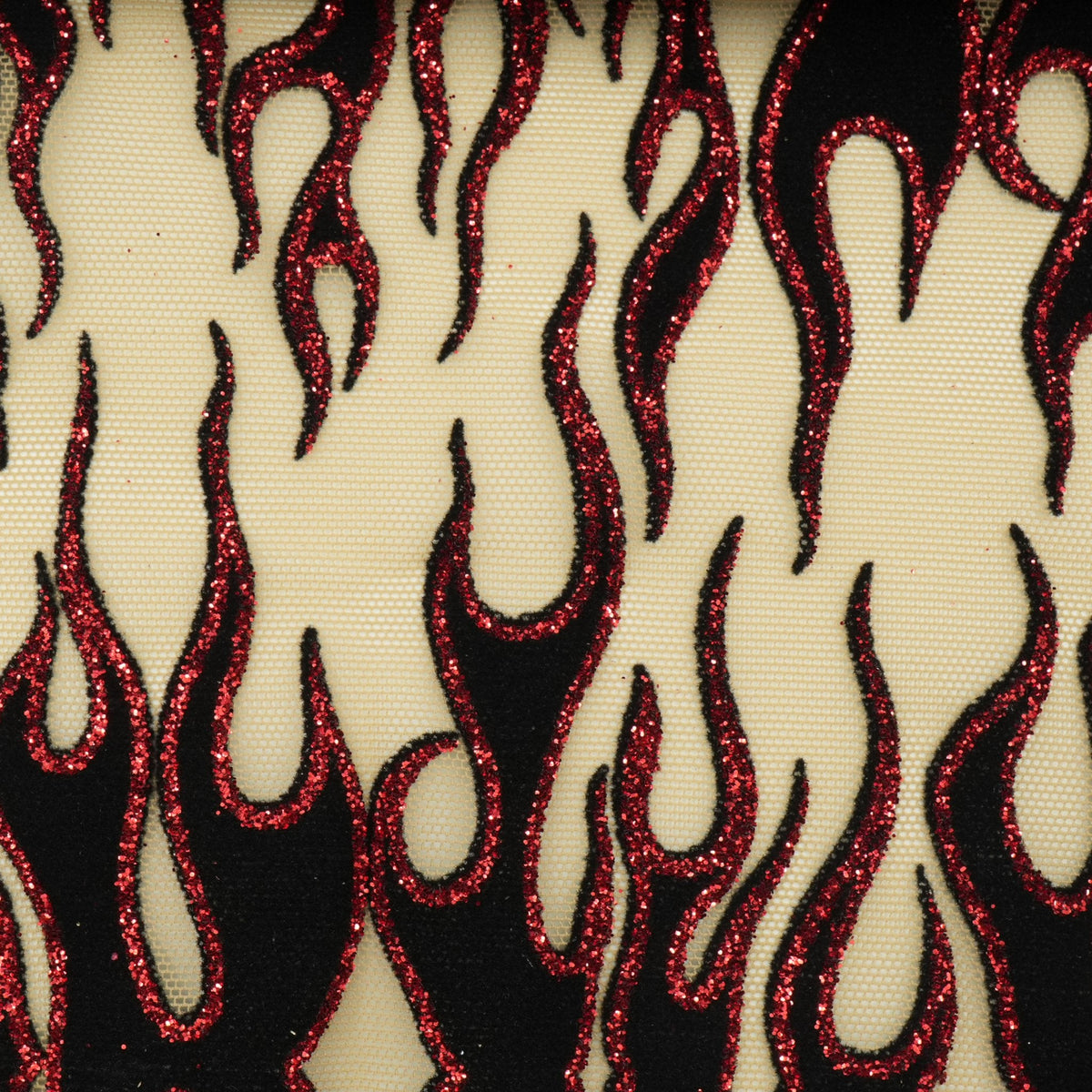 Fiery Glittered Flocked Stretch Mesh Fabric | Blue Moon Fabrics