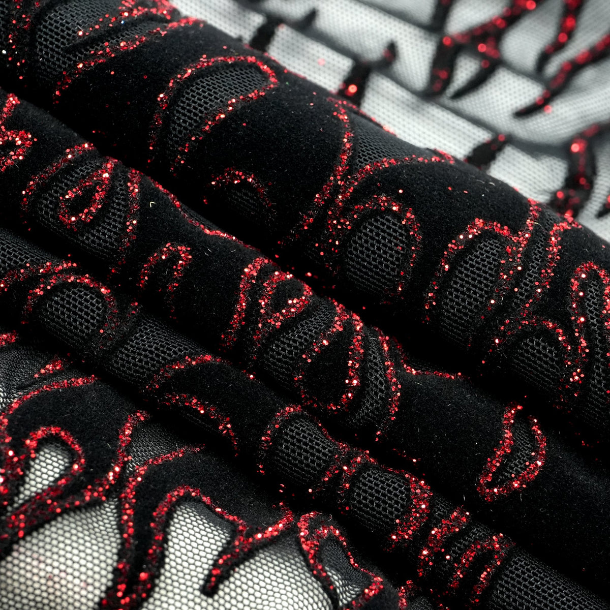 Fiery Glittered Flocked Stretch Mesh Fabric | Blue Moon Fabrics