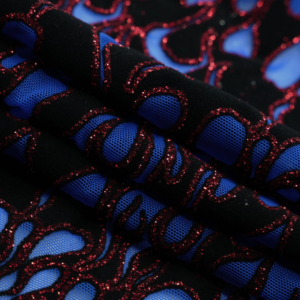 Fiery Glittered Flocked Stretch Mesh Fabric | Blue Moon Fabrics