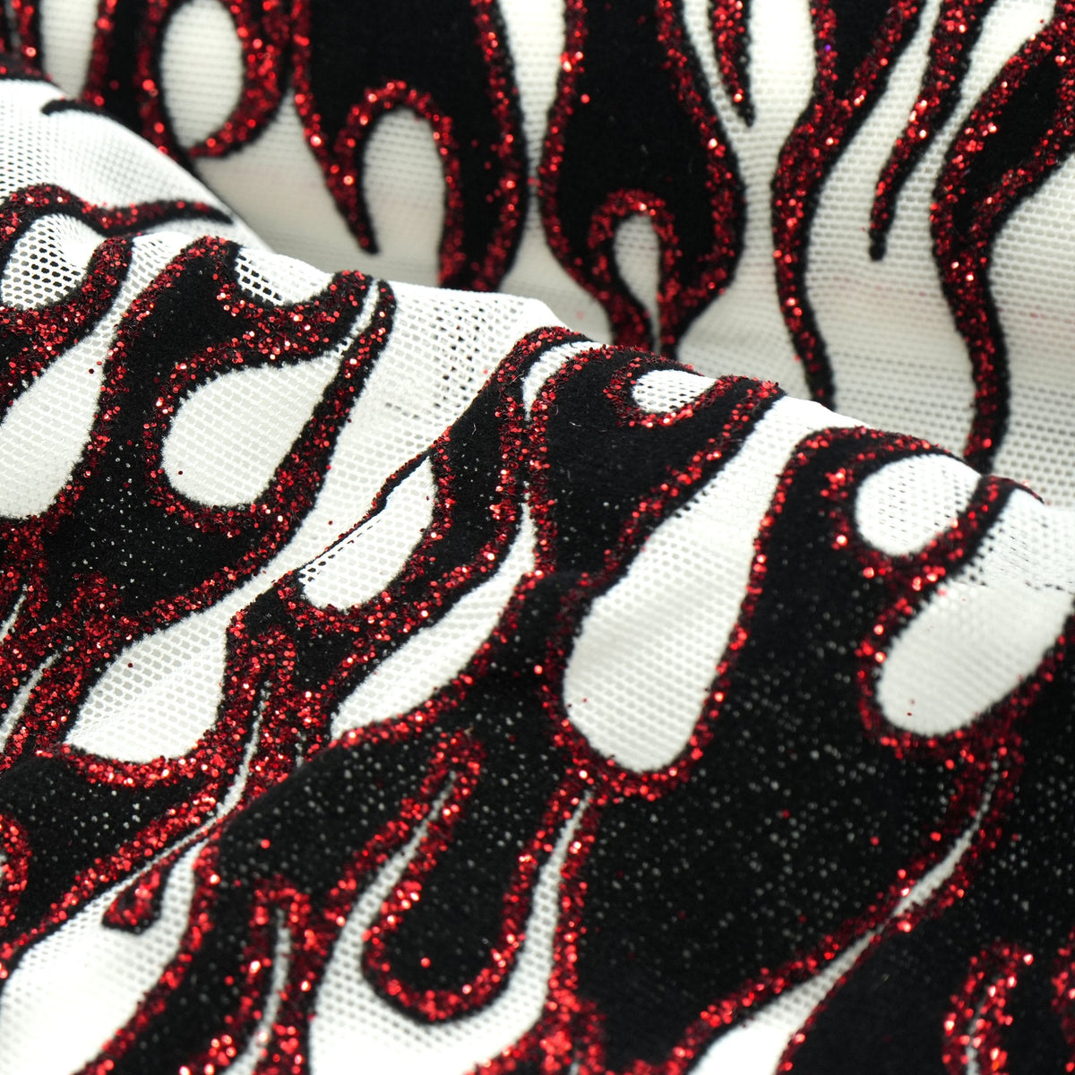 Fiery Glittered Flocked Stretch Mesh Fabric | Blue Moon Fabrics