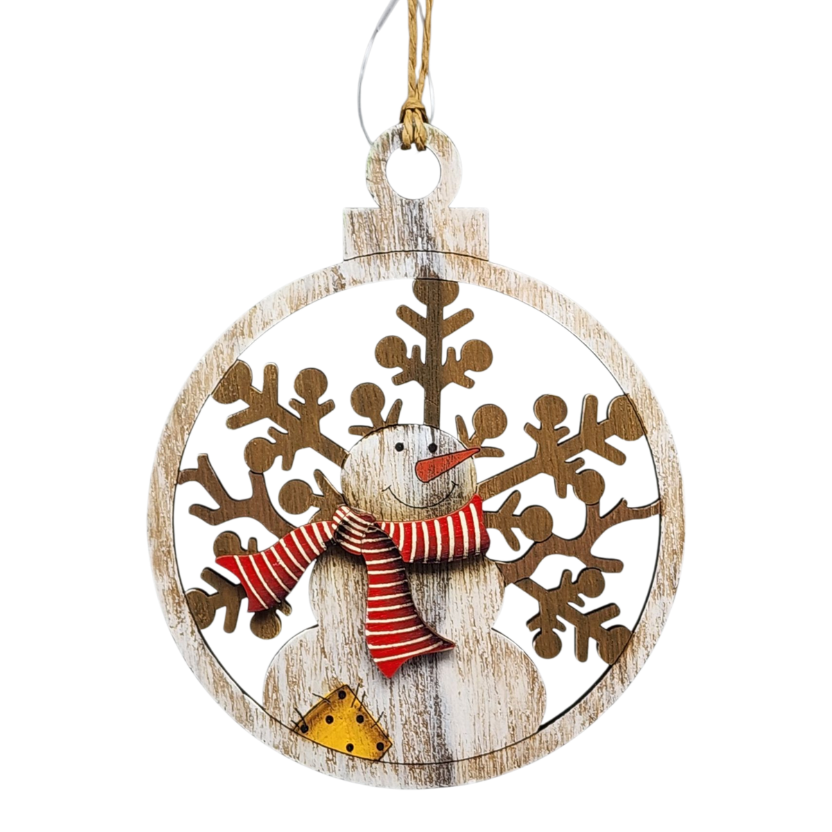 Wooden Ornament - Red Pinstripe Scarf Snowman Ornament