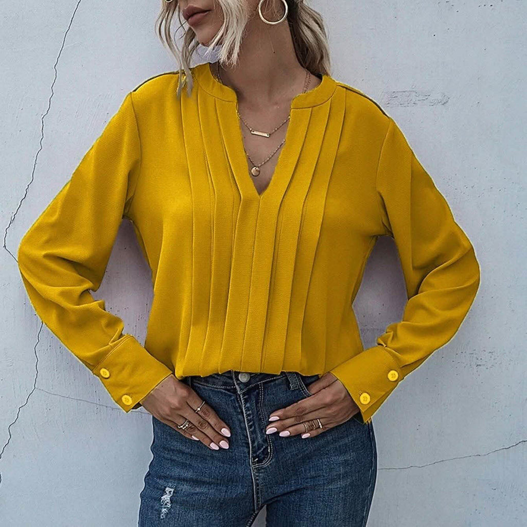 Notched Neck Pleated Decoration Blouse
