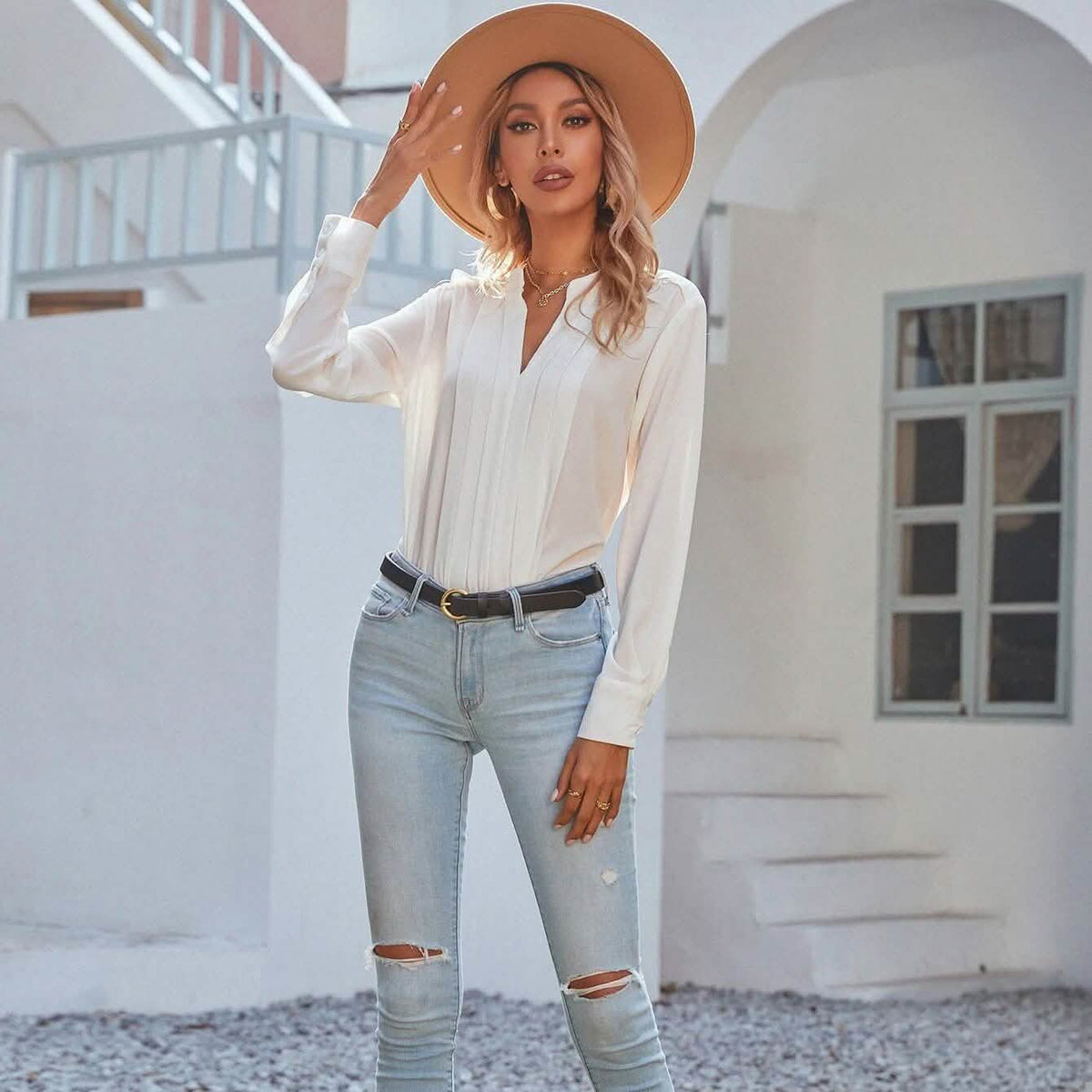 Notched Neck Pleated Decoration Blouse