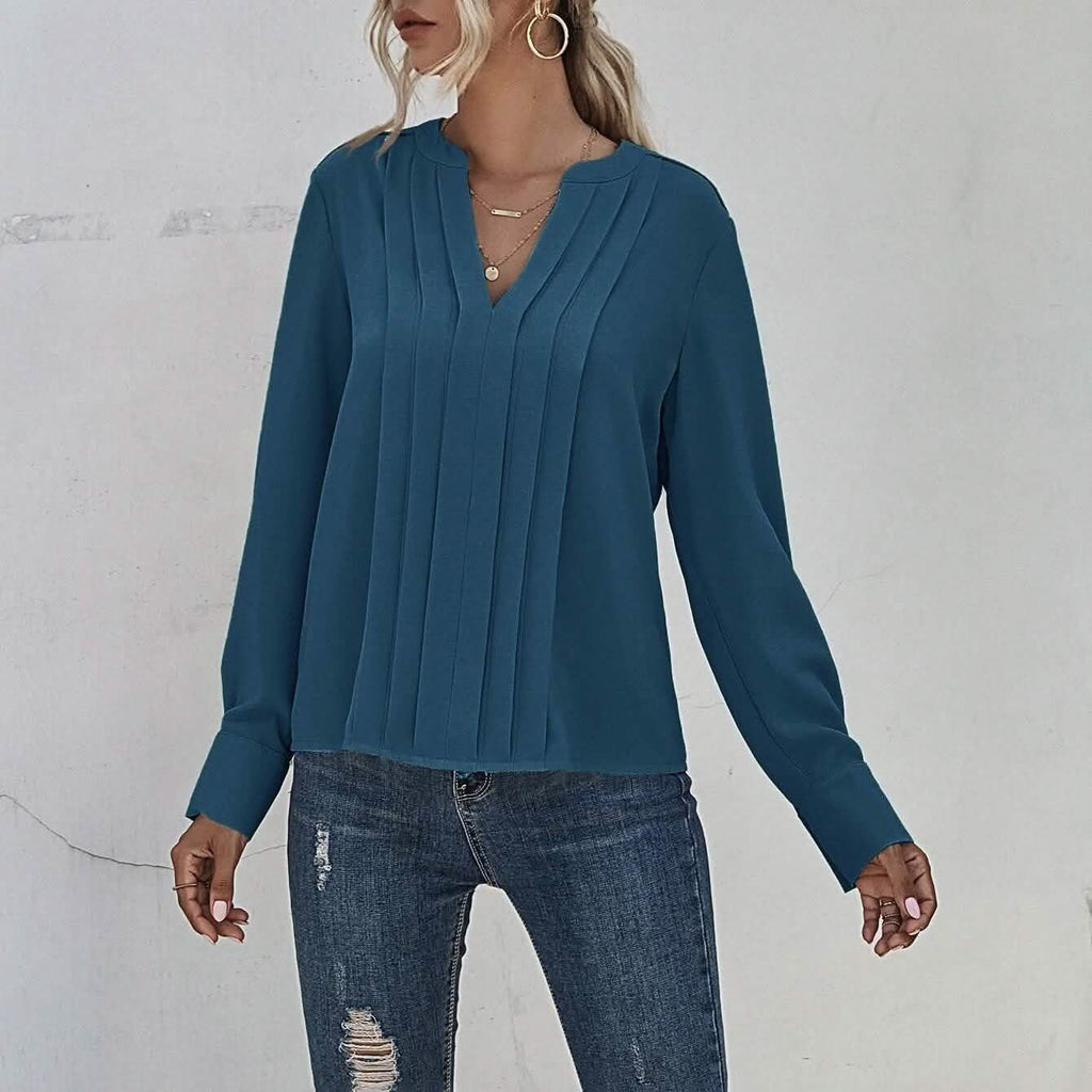 Notched Neck Pleated Decoration Blouse