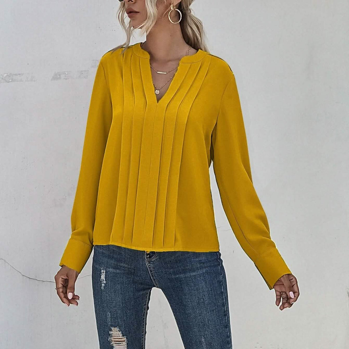 Notched Neck Pleated Decoration Blouse