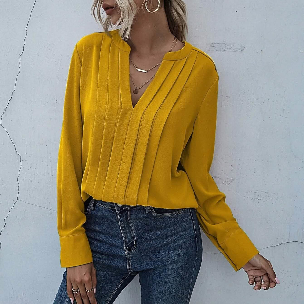 Notched Neck Pleated Decoration Blouse