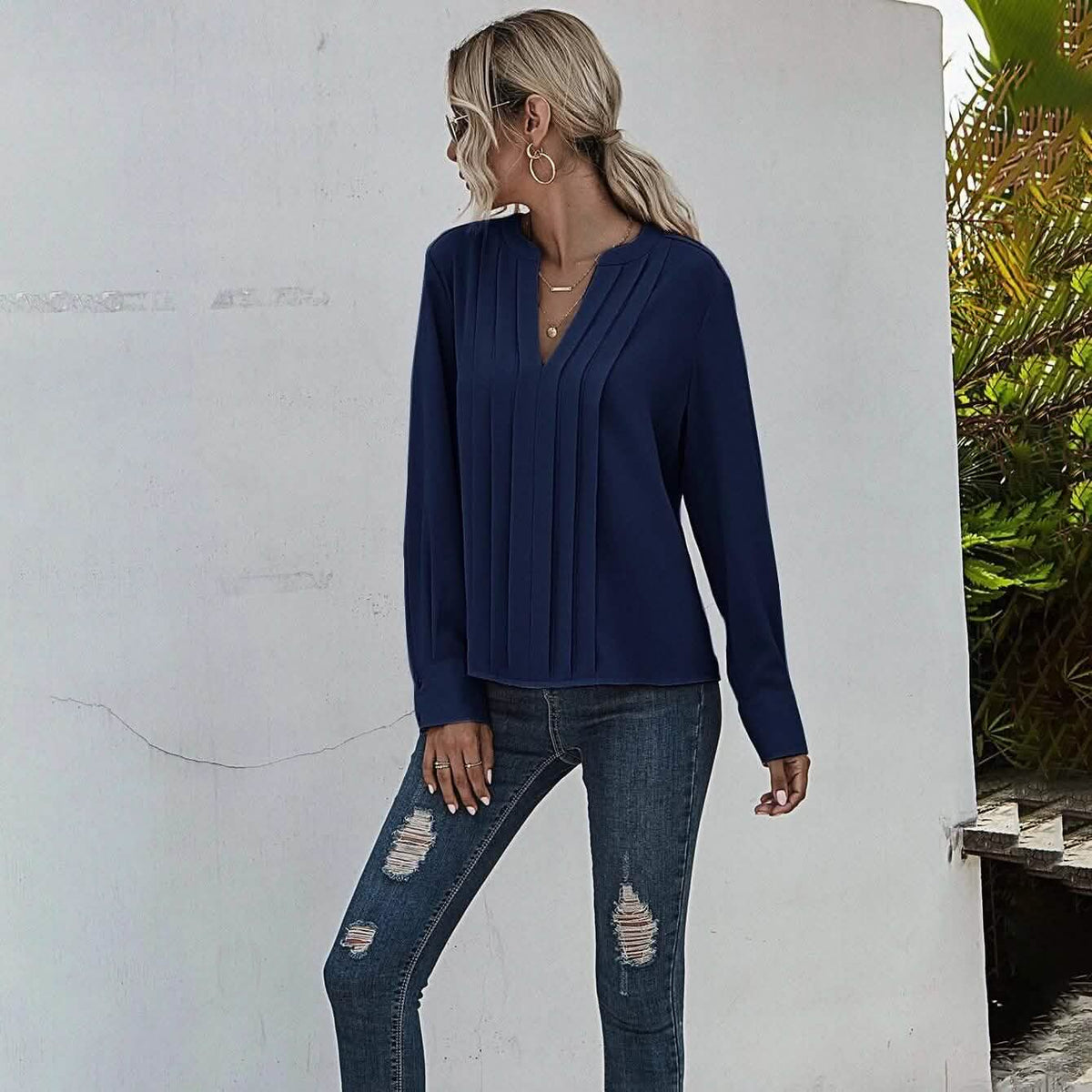 Notched Neck Pleated Decoration Blouse