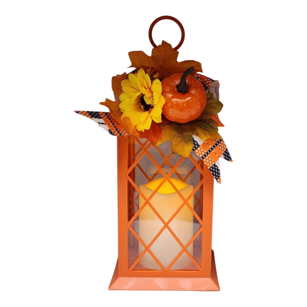 Harvest Lantern with Flickering LED Candle - Orange
