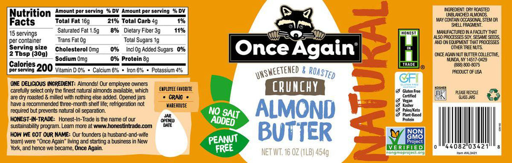 Almond Butter, Crunchy, No Salt