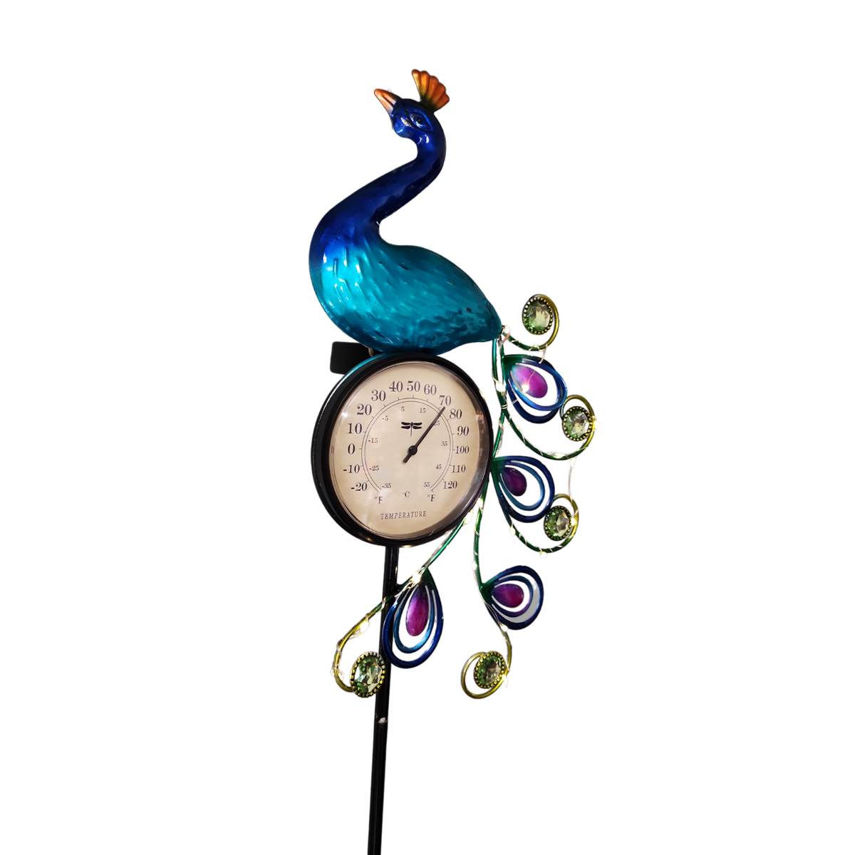 Solar Lighted Metal Peacock Yard Stake with Thermometer