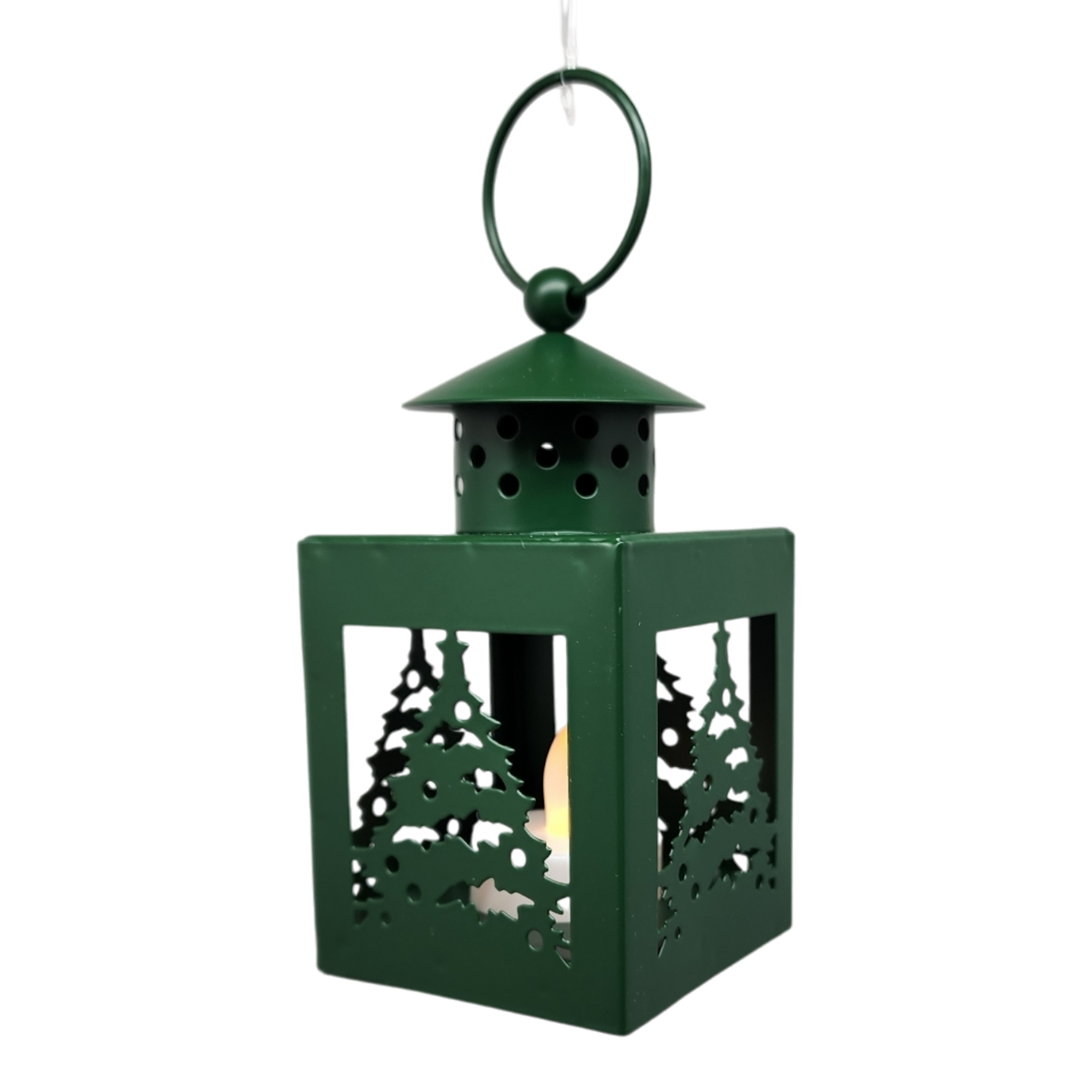B/O Lighted Metal Holiday Lantern with LED Tealight - Green