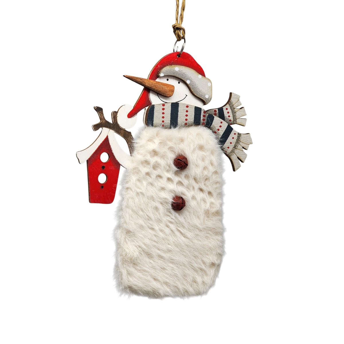 Wood and Fur Snowman Ornament - Holding Birdhouse