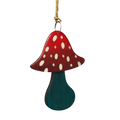 Glossy Red and Green Wooden Mushroom Ornament - 3 1/2 Inches