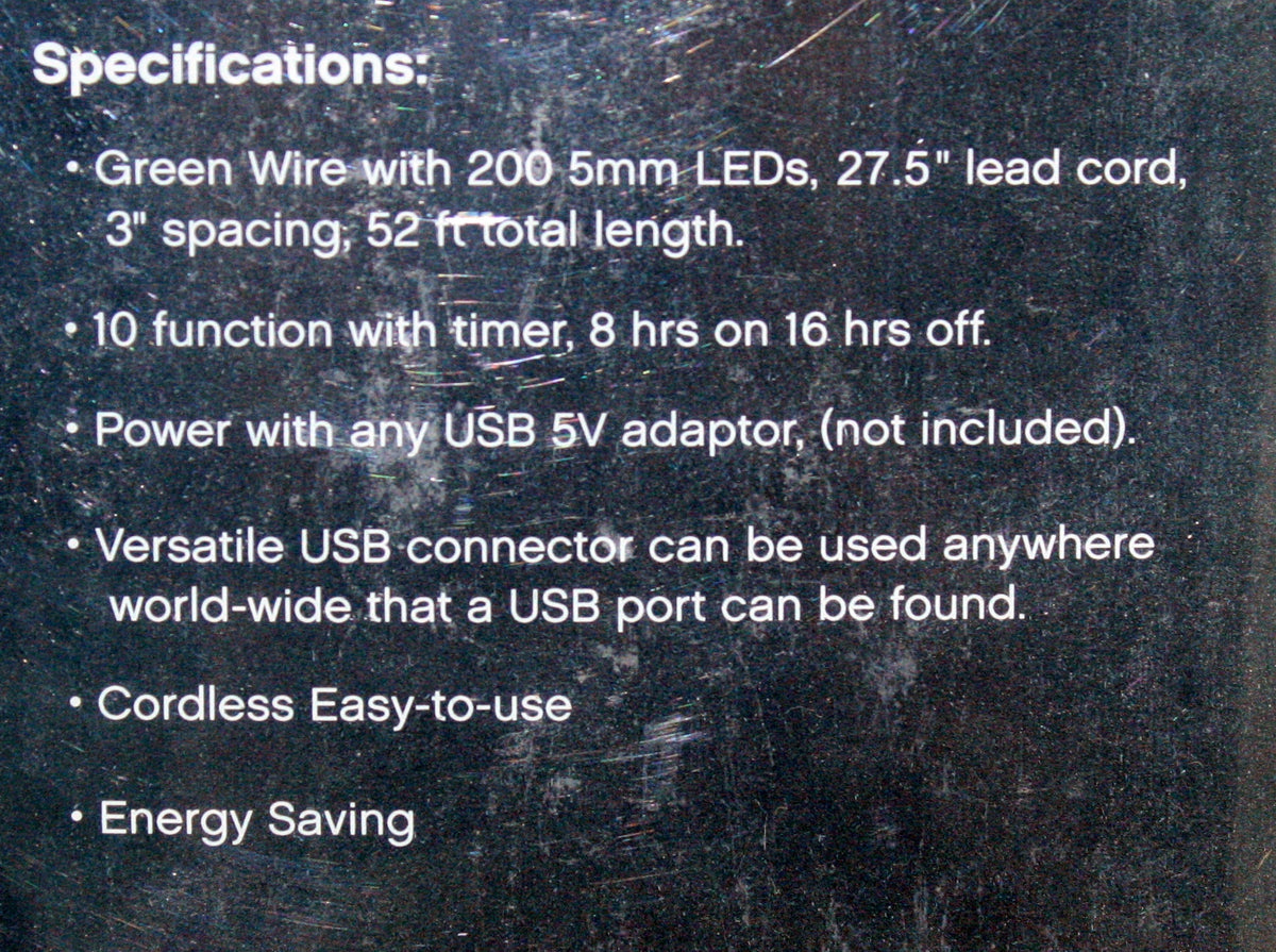 USB powered 200 LED (52 foot) Green Wire Multifunction Lights with Timer - Warm White