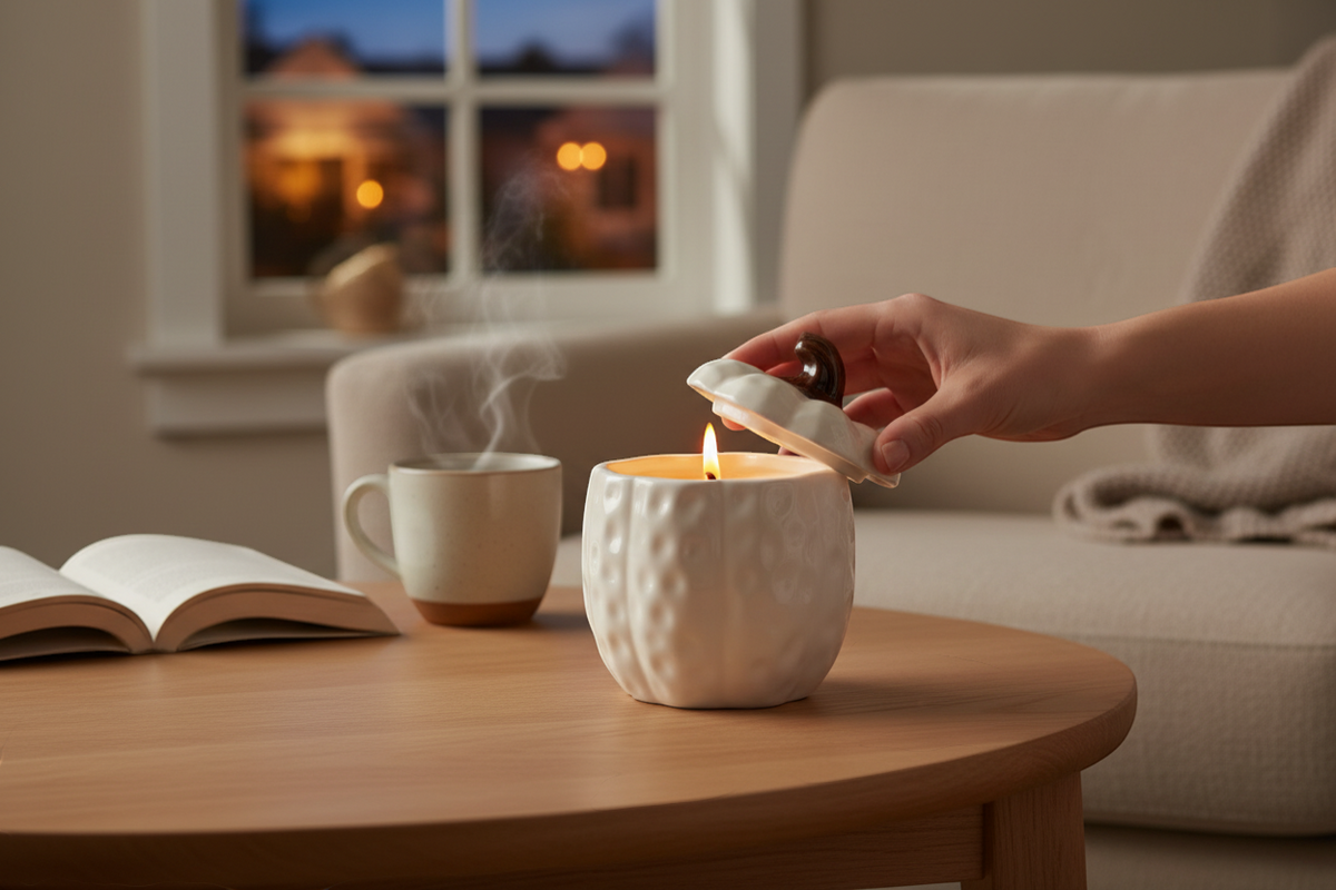Covered Ceramic Pumpkin Jar Wax Candle - Cream