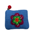 Felt Wool  Bright Sky Blue Coin Purse with Flower Applique